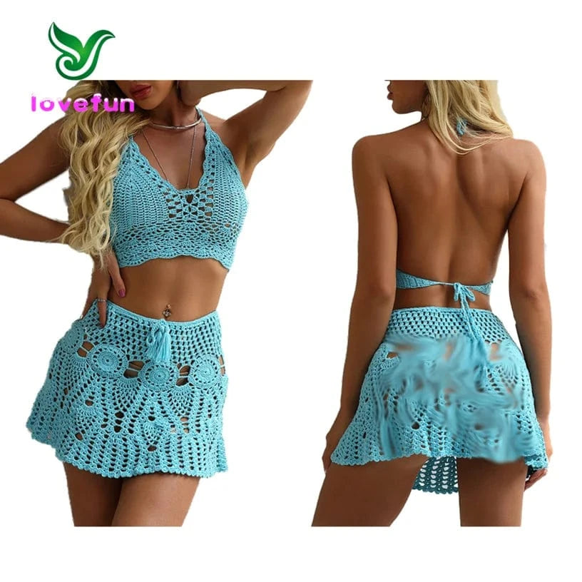 2024 Sexy Crochet Bikini Swimwear Women Two Piece Swimwear Cover Up Swim Skirt Bathing Hollow Out Swimsuit