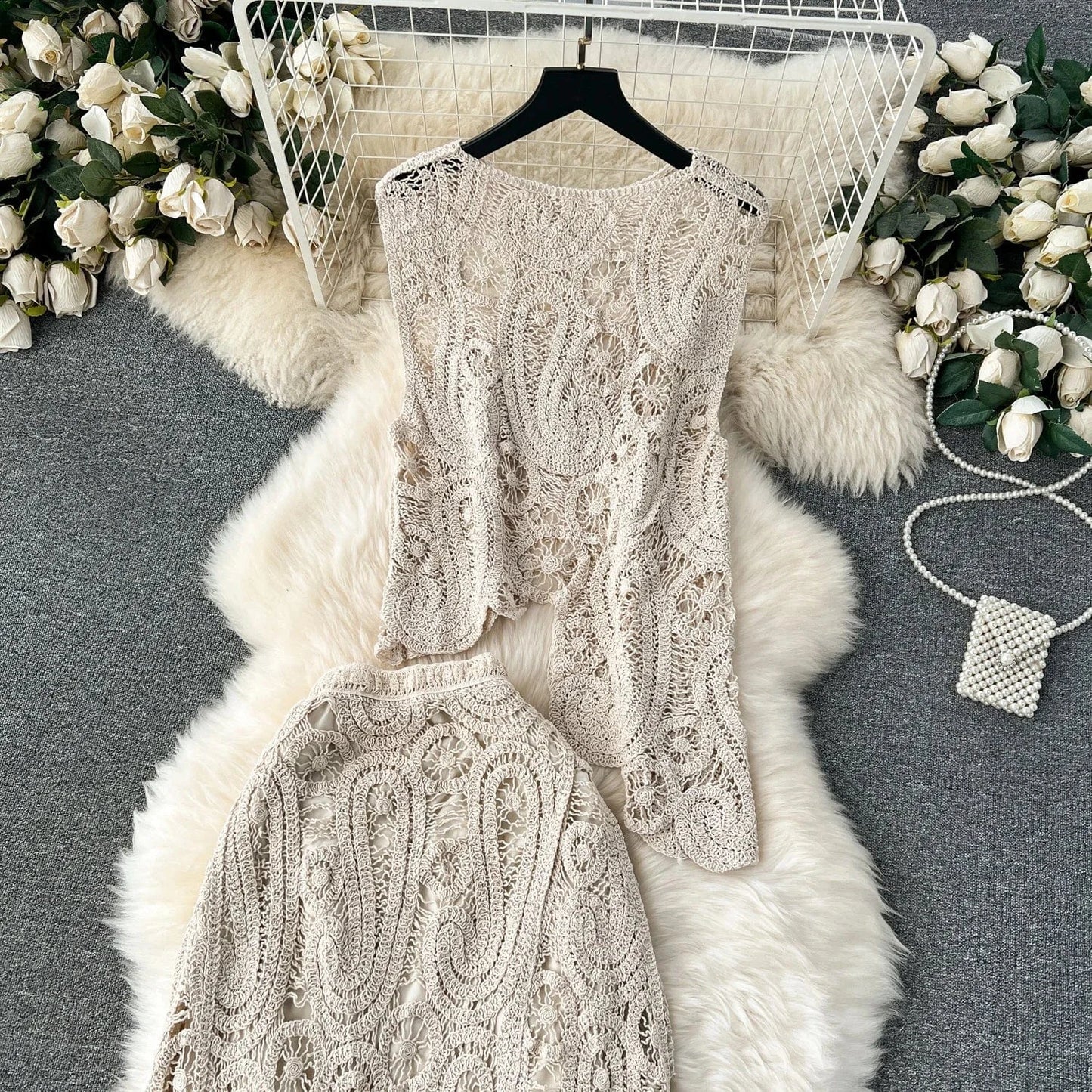 2024 Sexy Crochet Outfit Sleeveless Top And Midi Skirt 2 Piece Set For Women