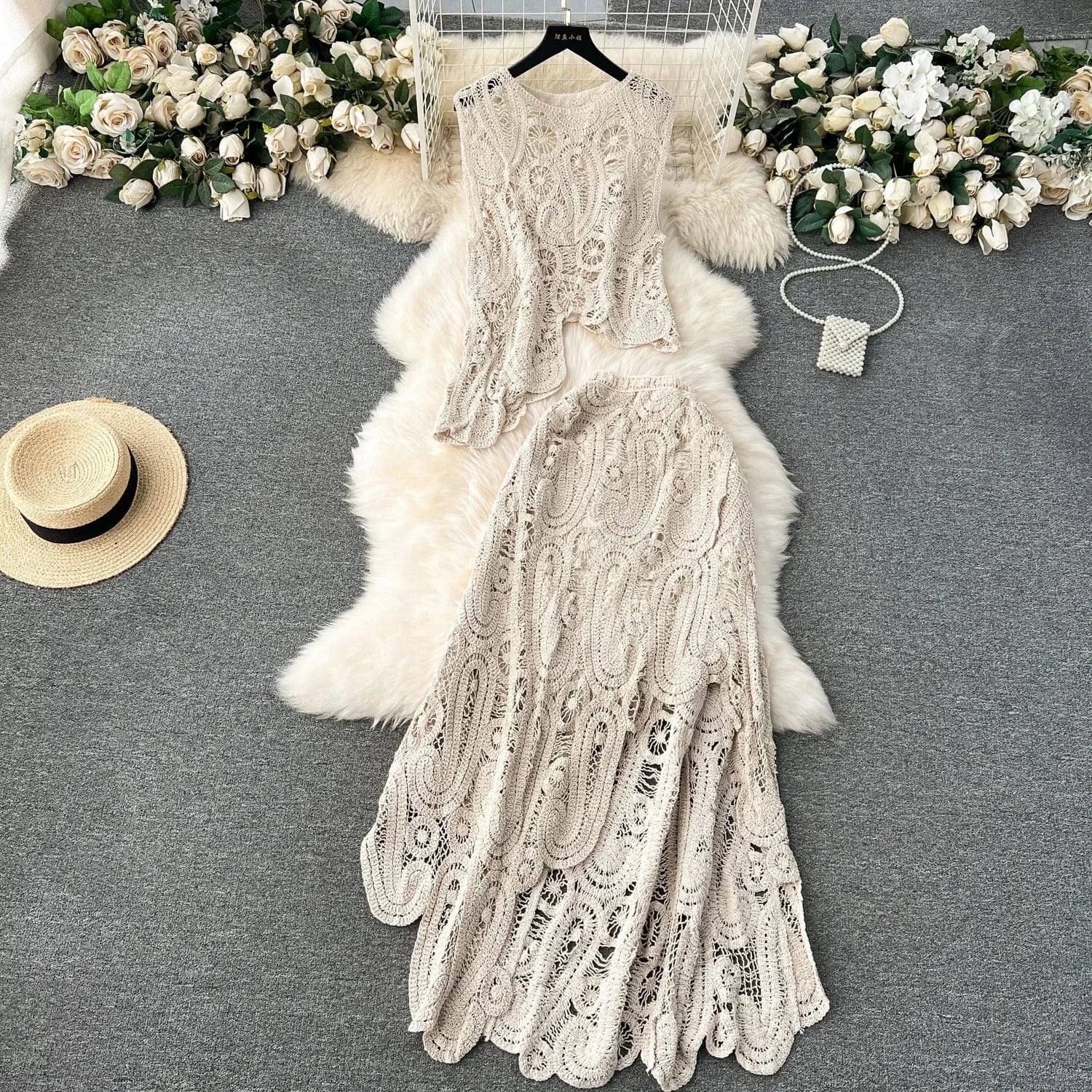 2024 Sexy Crochet Outfit Sleeveless Top And Midi Skirt 2 Piece Set For Women