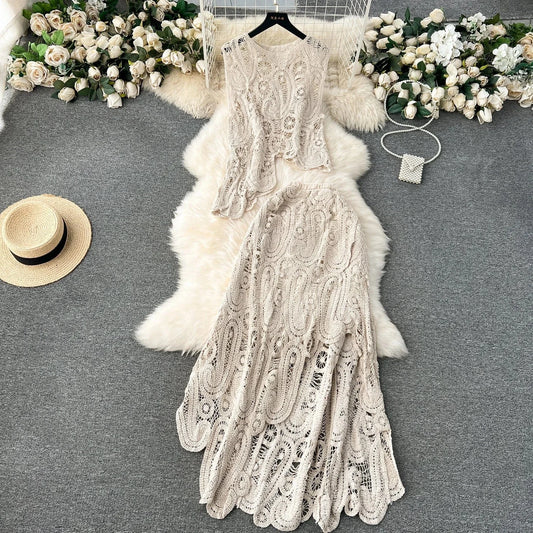 2024 Sexy Crochet Outfit Sleeveless Top And Midi Skirt 2 Piece Set For Women