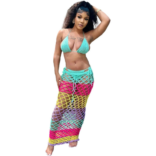 2024 sexy girls brazilian rainbow hand made crochet bikini set with skirt