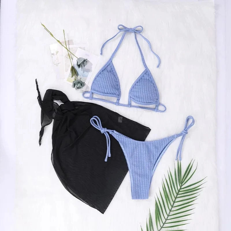 2024 Sexy Halter Hollow Out Mini Bikini Set With Mesh Skirt Triangle Bandage Swimwear Women Ribbed Swimsuit Beach Bathing Suit