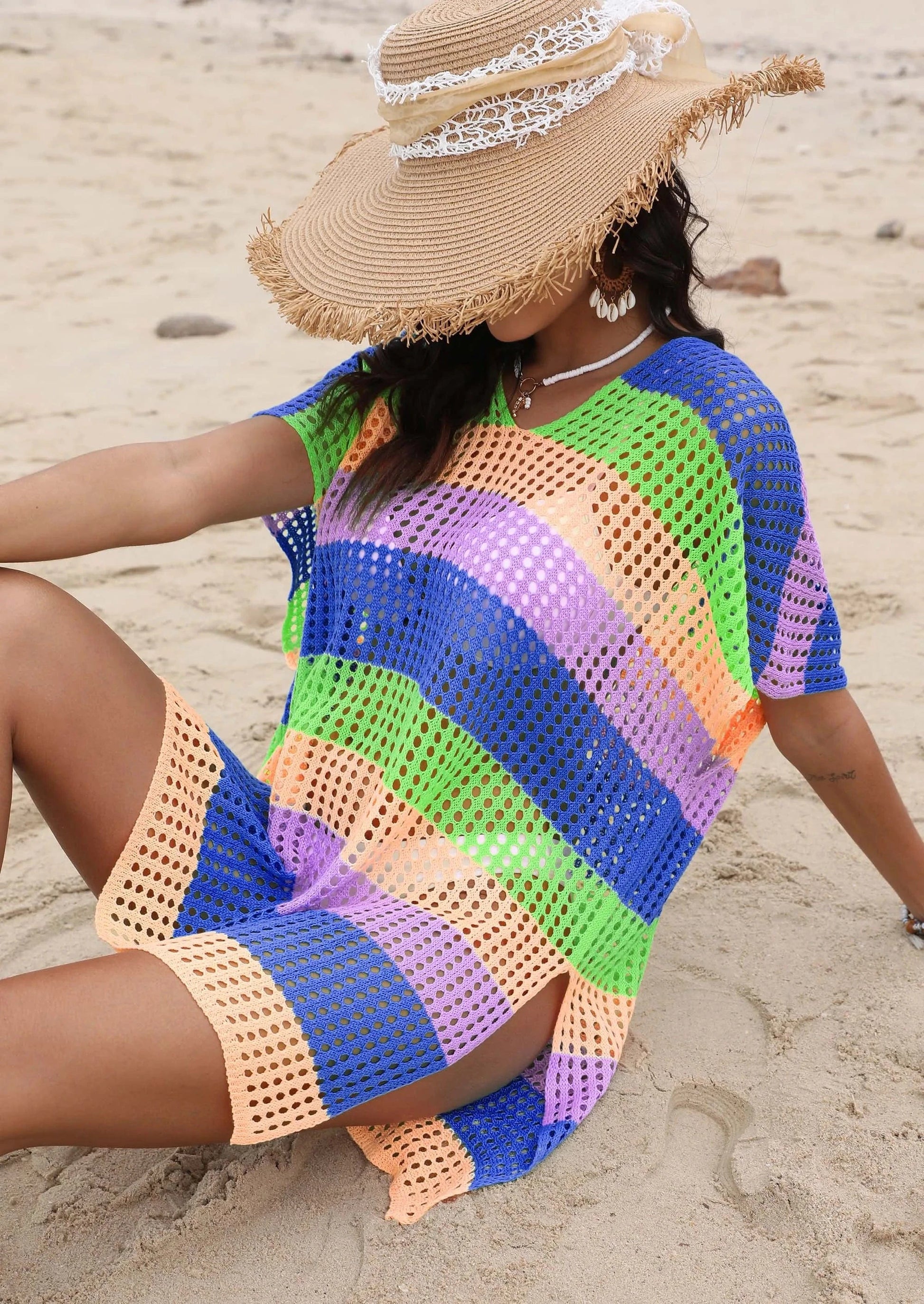 2024 Sexy Hollow Women Bathing Suit Knitted Crochet Top Swimsuit Beachwear Mesh Bikini Cover Up ladies Summer Beach Dresses
