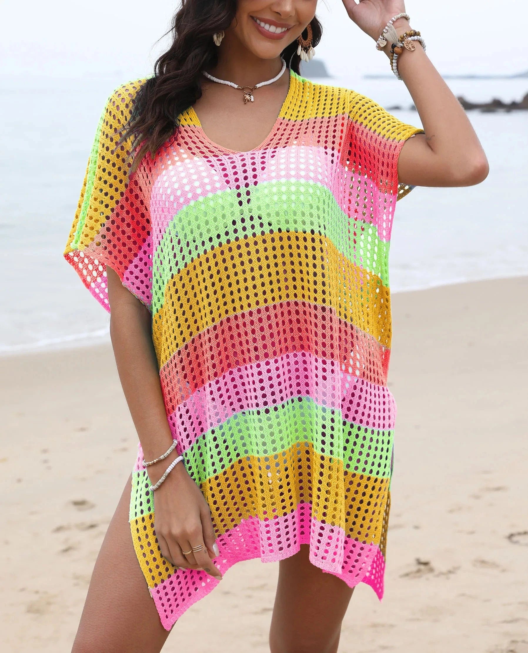 2024 Sexy Hollow Women Bathing Suit Knitted Crochet Top Swimsuit Beachwear Mesh Bikini Cover Up ladies Summer Beach Dresses