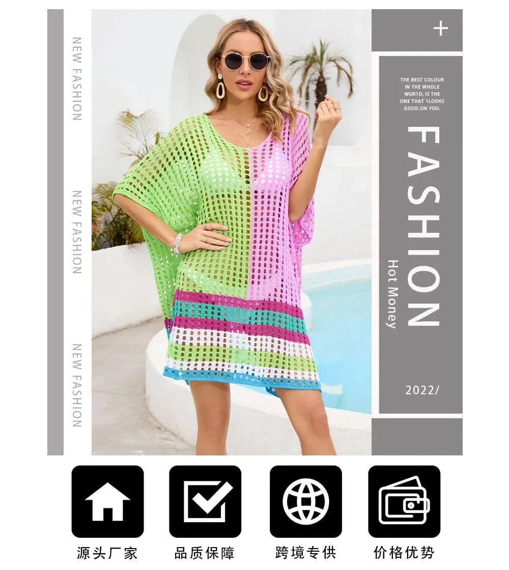 2024 Sexy Hollow Women Knitted Crochet Beach Dress Swimsuit Beachwear Mesh Bikini Cover Up Dresses