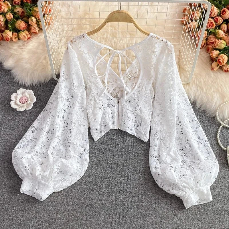 2024 Sexy Lace Hollow Out Blouse Women V-Neck Lantern Sleeve Backless Tops Casual Korean Slim Lace Up Solid  Crop Tops 50%