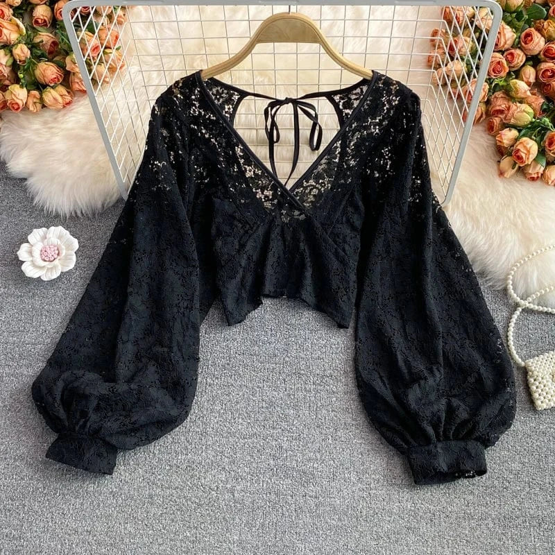 2024 Sexy Lace Hollow Out Blouse Women V-Neck Lantern Sleeve Backless Tops Casual Korean Slim Lace Up Solid  Crop Tops 50%