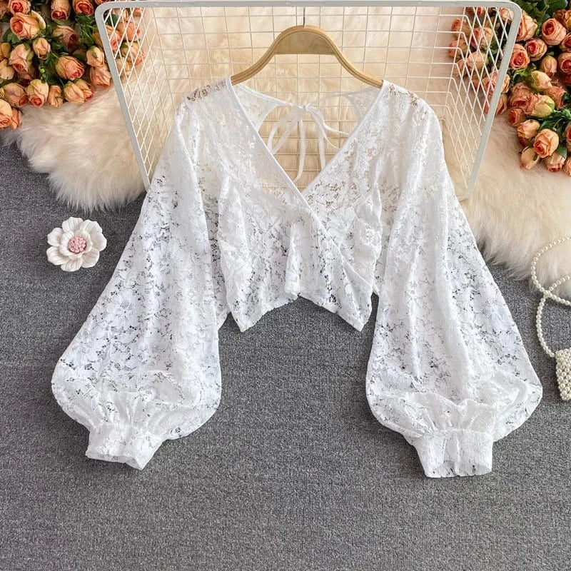 2024 Sexy Lace Hollow Out Blouse Women V-Neck Lantern Sleeve Backless Tops Casual Korean Slim Lace Up Solid  Crop Tops 50%