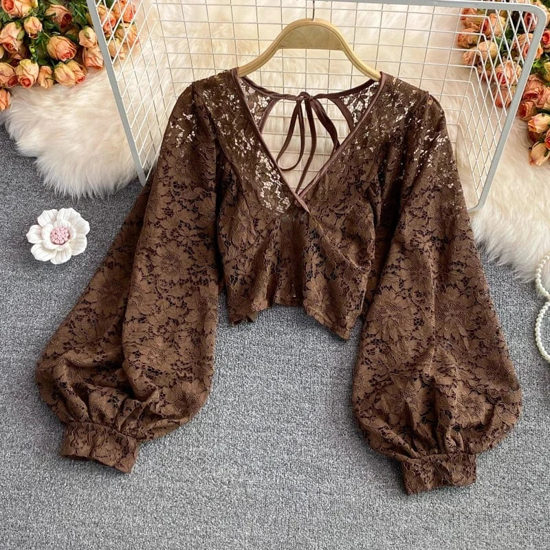 2024 Sexy Lace Hollow Out Blouse Women V-Neck Lantern Sleeve Backless Tops Casual Korean Slim Lace Up Solid  Crop Tops 50%