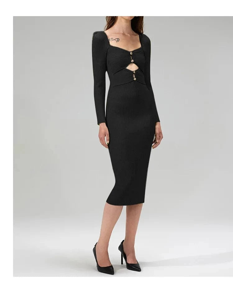 2024 Sexy Low Neckline Hollow Out Lady Spring Stitching Slim Fitted Long Sleeve Women Midi Solid Knit Dress