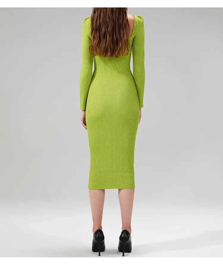 2024 Sexy Low Neckline Hollow Out Lady Spring Stitching Slim Fitted Long Sleeve Women Midi Solid Knit Dress