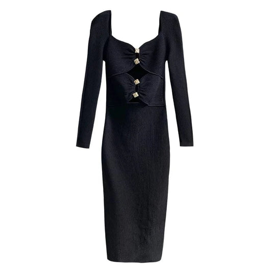 2024 Sexy Low Neckline Hollow Out Lady Spring Stitching Slim Fitted Long Sleeve Women Midi Solid Knit Dress