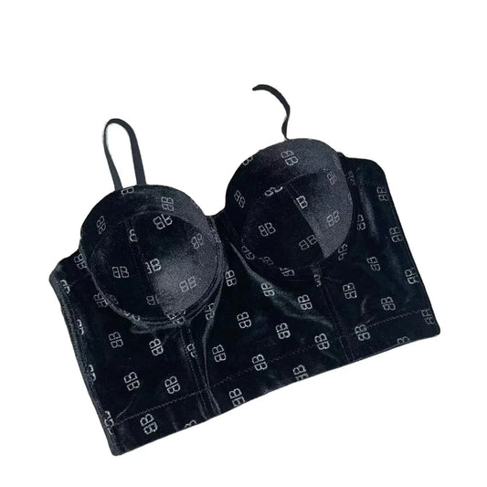 2024 Sexy New hot fan velvet butterfly-small camisole retro solid color short dark glitter slim top women Adjustable corset top