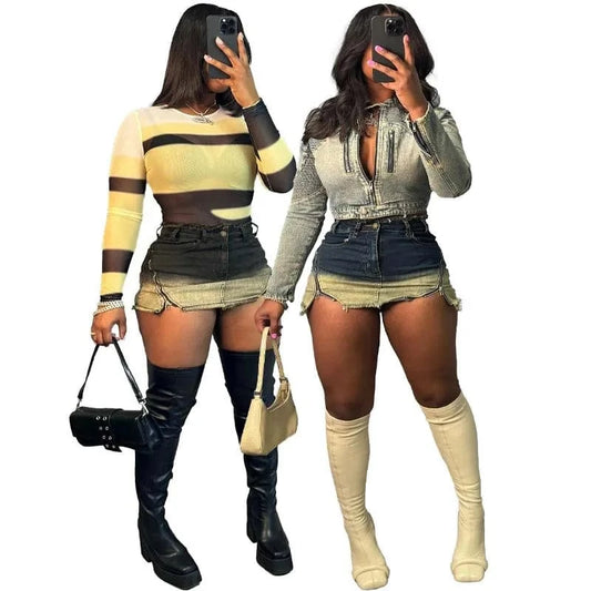 2024 Sexy Retro Gradient Denim Mini Skirt Stretch Fabric Distressed Look Chic Summer Versatile Fashion