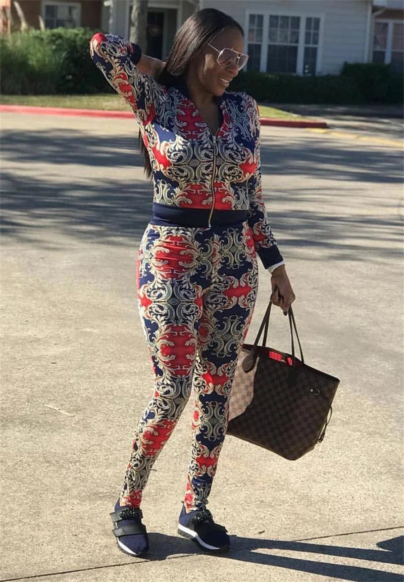 2024 sexy spring full printed fashion elegant women's zipper top jacket and leggings two 2 piece set clothing clothes for women