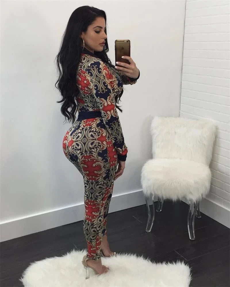 2024 sexy spring full printed fashion elegant women's zipper top jacket and leggings two 2 piece set clothing clothes for women