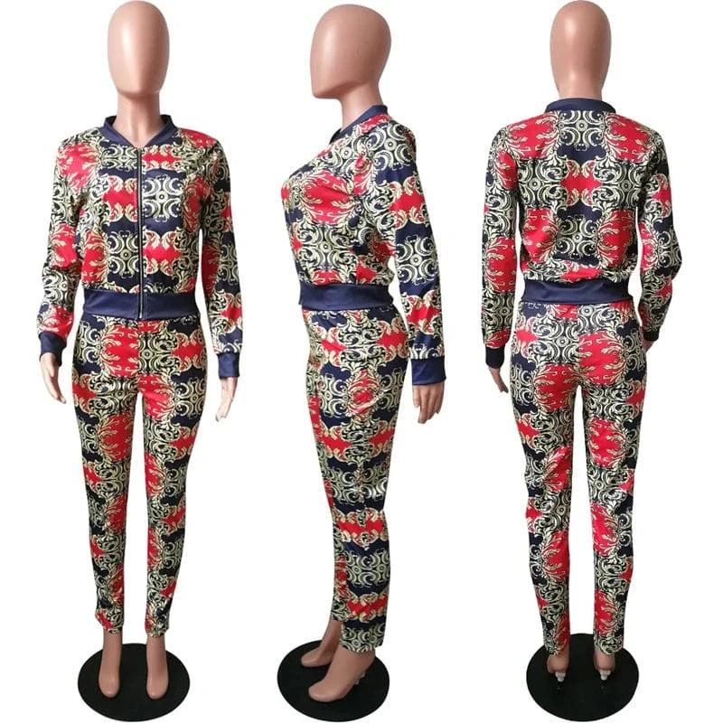 2024 sexy spring full printed fashion elegant women's zipper top jacket and leggings two 2 piece set clothing clothes for women