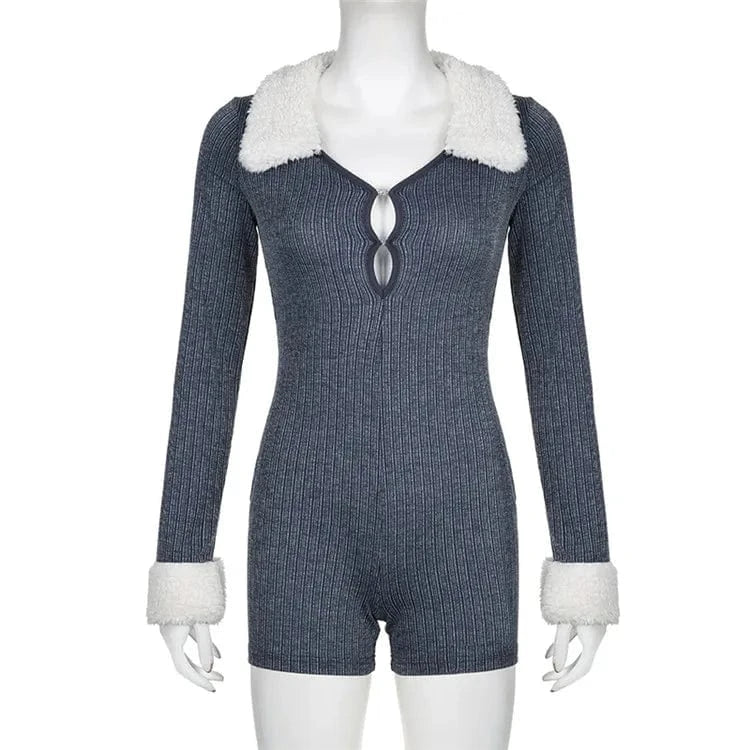 2024 Sexy Striped Knitted Jumpsuit Women Long Sleeves Fur Collar Bodycon Clubwear Women Romper