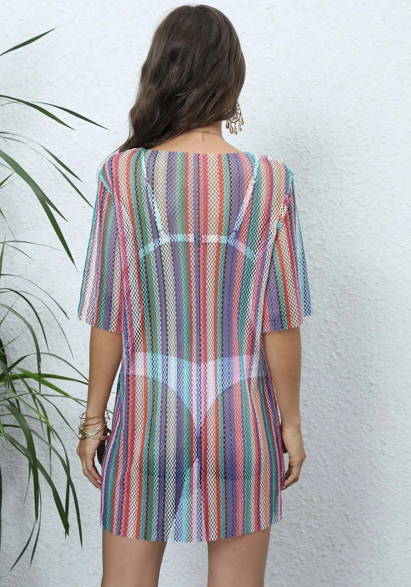 2024 Sexy Transport Beach Dress for Women Summer Stripped Mini Dresses Half Sleeve See-through Tshirt Cover-ups O-neck Tunic