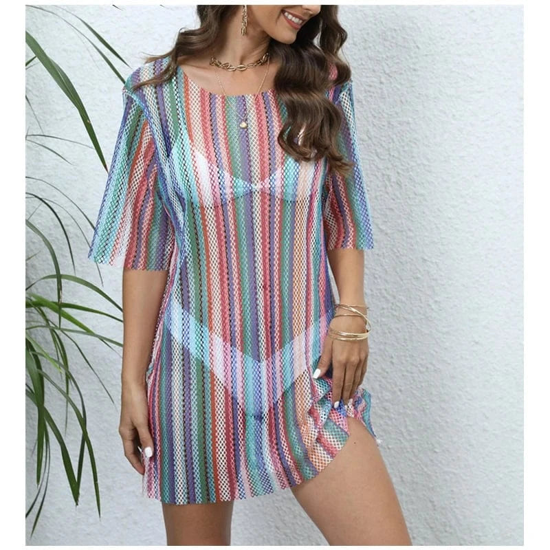 2024 Sexy Transport Beach Dress for Women Summer Stripped Mini Dresses Half Sleeve See-through Tshirt Cover-ups O-neck Tunic