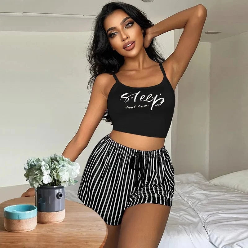2024 Shiny Letter stripes Women's Sexy Lingerie Sleepwear Sets Women Cute Night Wear Two pieces Pajamas Lounge Sleep Wear Sets