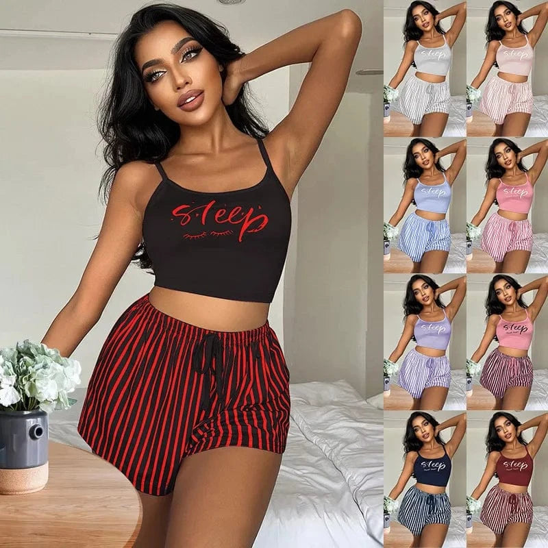 2024 Shiny Letter stripes Women's Sexy Lingerie Sleepwear Sets Women Cute Night Wear Two pieces Pajamas Lounge Sleep Wear Sets