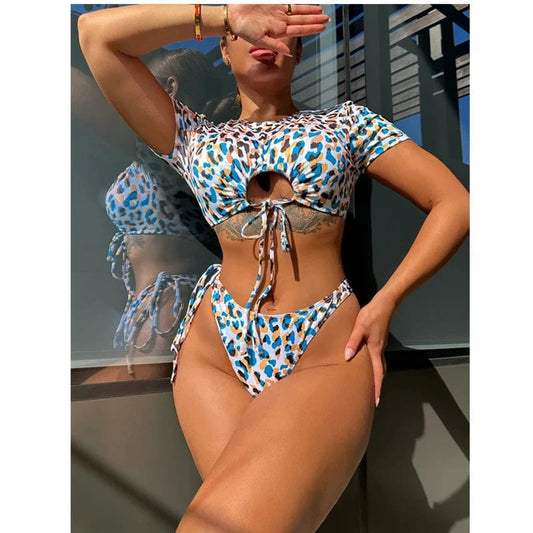 2024 Short sleeve two piece bikini leopard printed swimwear swimsuit high waist bathing suit Brazilian beachwear and swimwear
