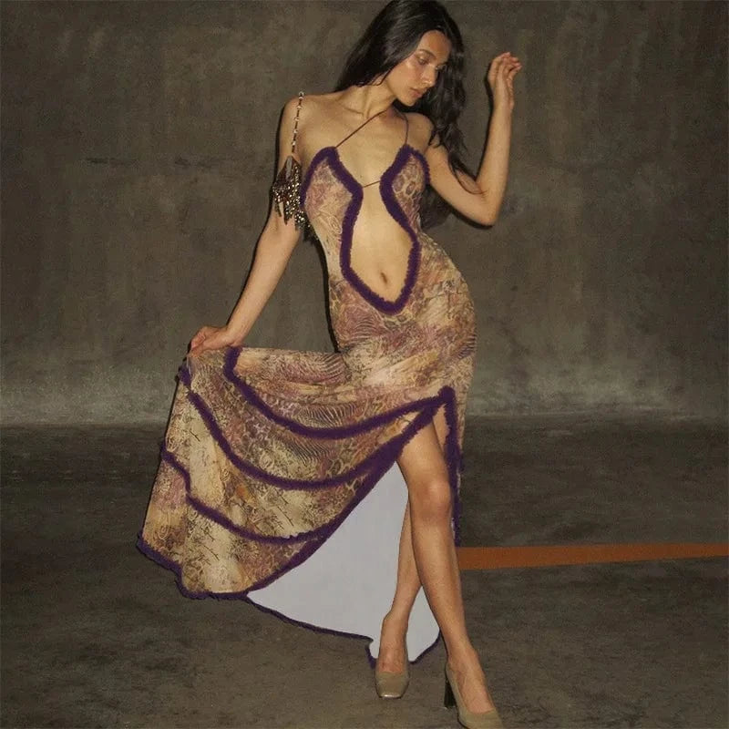 2024 Sleeveless Slim Holiday ladies summer casual Club sexy Hollow cut Out Halter Maxi Pleated See Through Dress for women