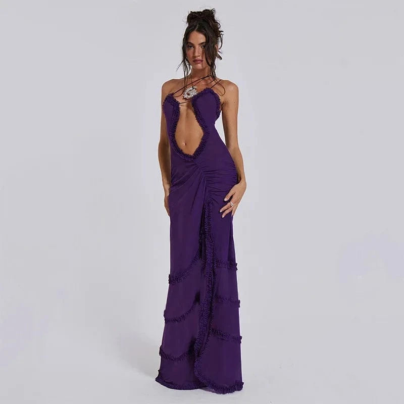 2024 Sleeveless Slim Holiday ladies summer casual Club sexy Hollow cut Out Halter Maxi Pleated See Through Dress for women