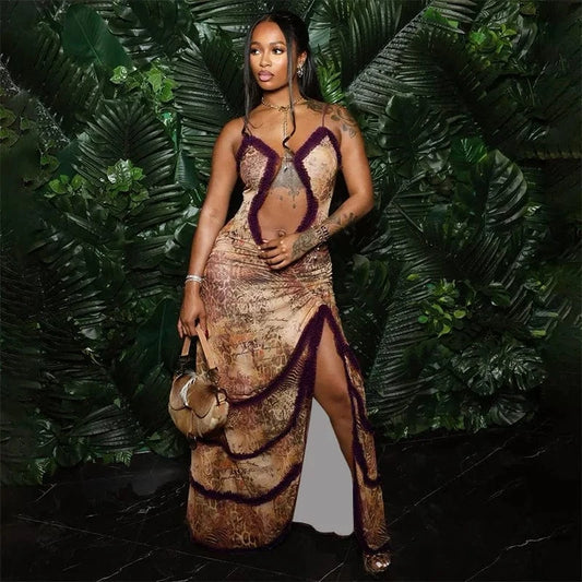 2024 Sleeveless Slim Holiday ladies summer casual Club sexy Hollow cut Out Halter Maxi Pleated See Through Dress for women