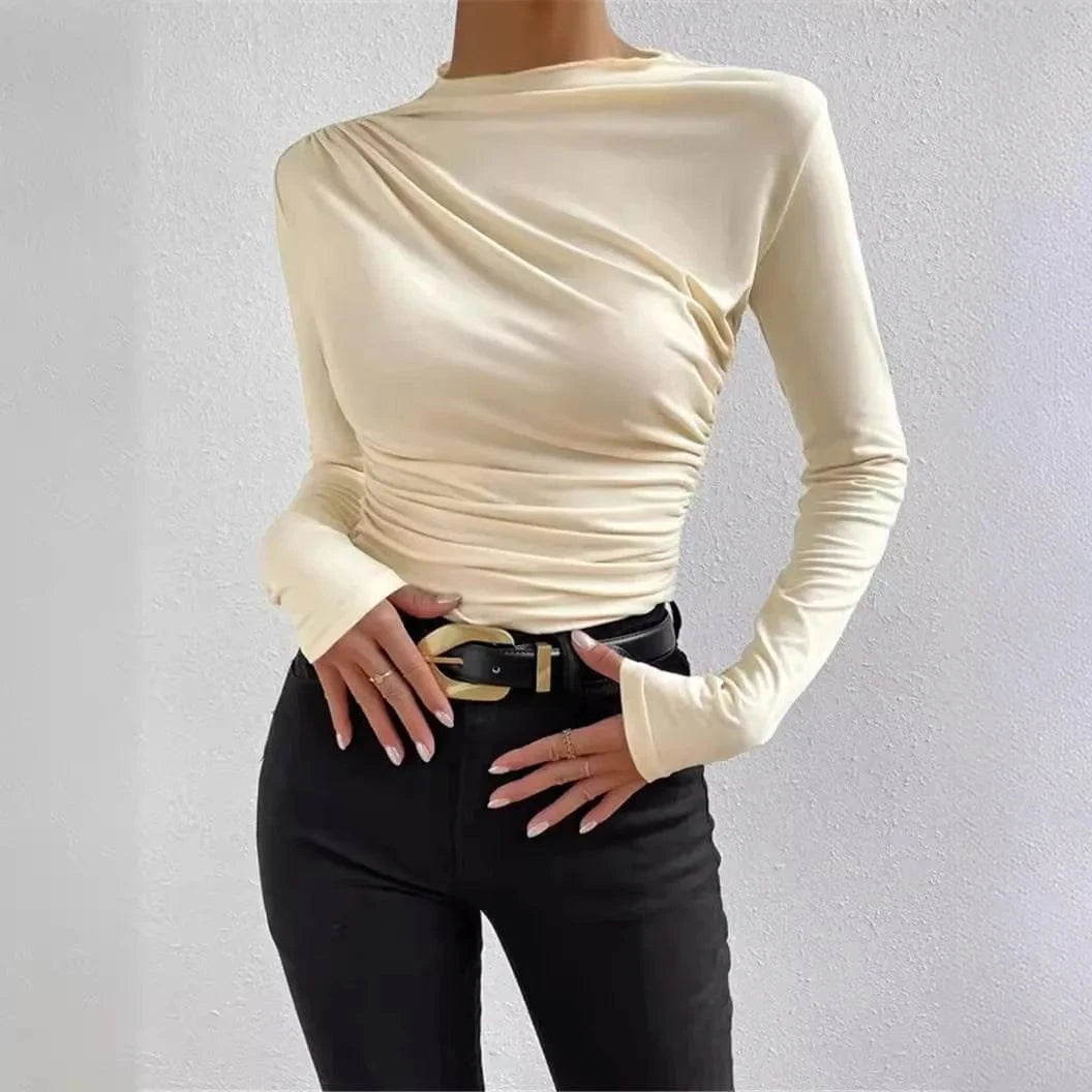 2024 Solid Casual Pleated T-shirt For Women Patchwork Long Sleeve High Waist Inner Ruffled Crop top Ladies Vintage Top Tee