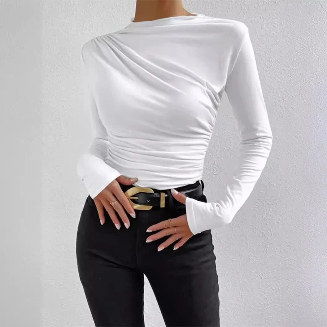 2024 Solid Casual Pleated T-shirt For Women Patchwork Long Sleeve High Waist Inner Ruffled Crop top Ladies Vintage Top Tee