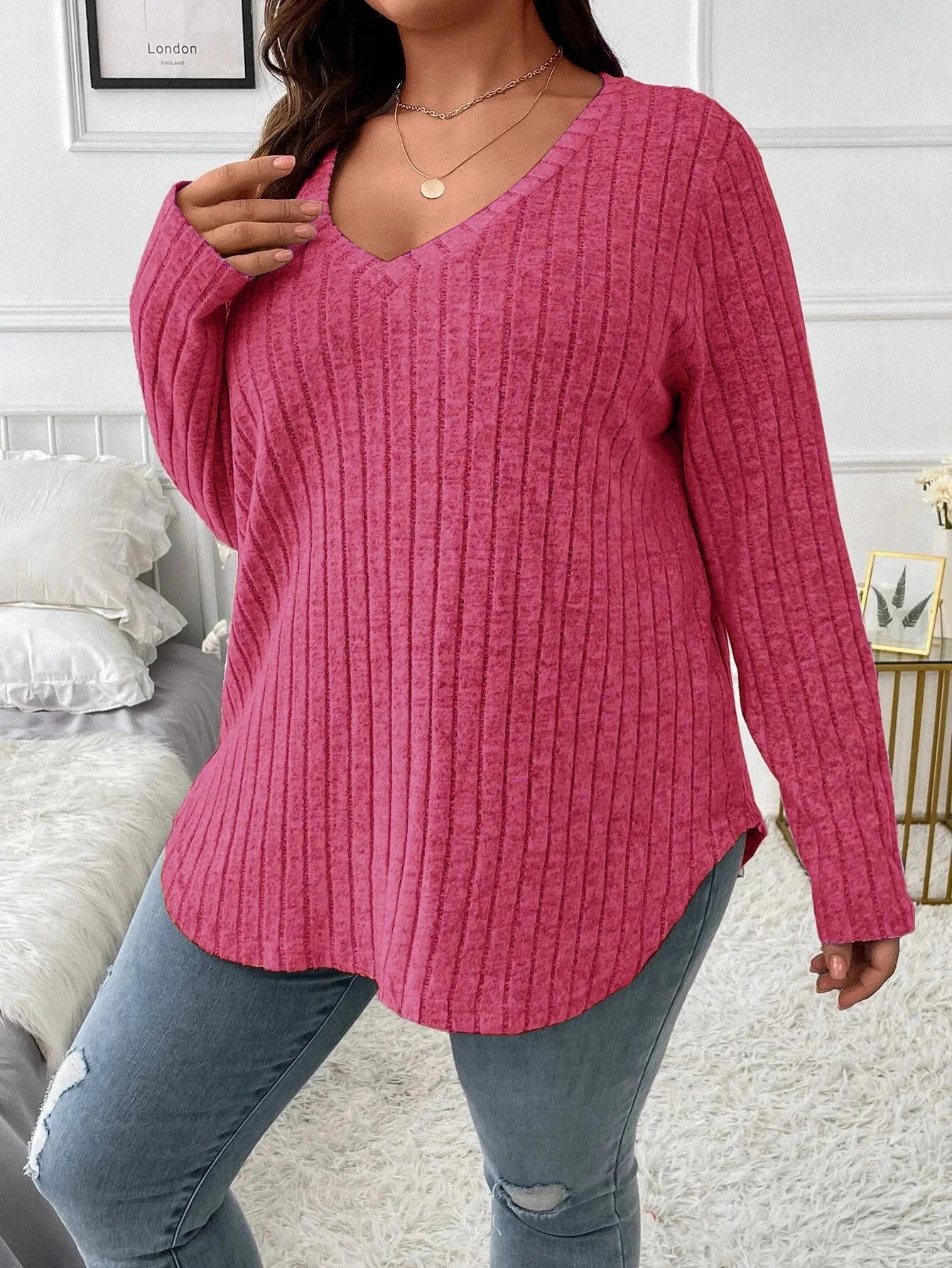 2024  Solid Color Large Size Women's top V-neck Long Sleeve Women  Autumn Winter Pit Strip Woolen  Loose Casual Sweater