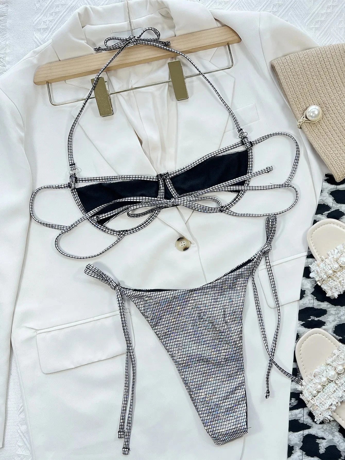 2024 Sparkle Glitter Sequins Swimwear for Women Push Up Thong Two Piece Bikini Tie Side Bandage Swimsuit Bathing Suit