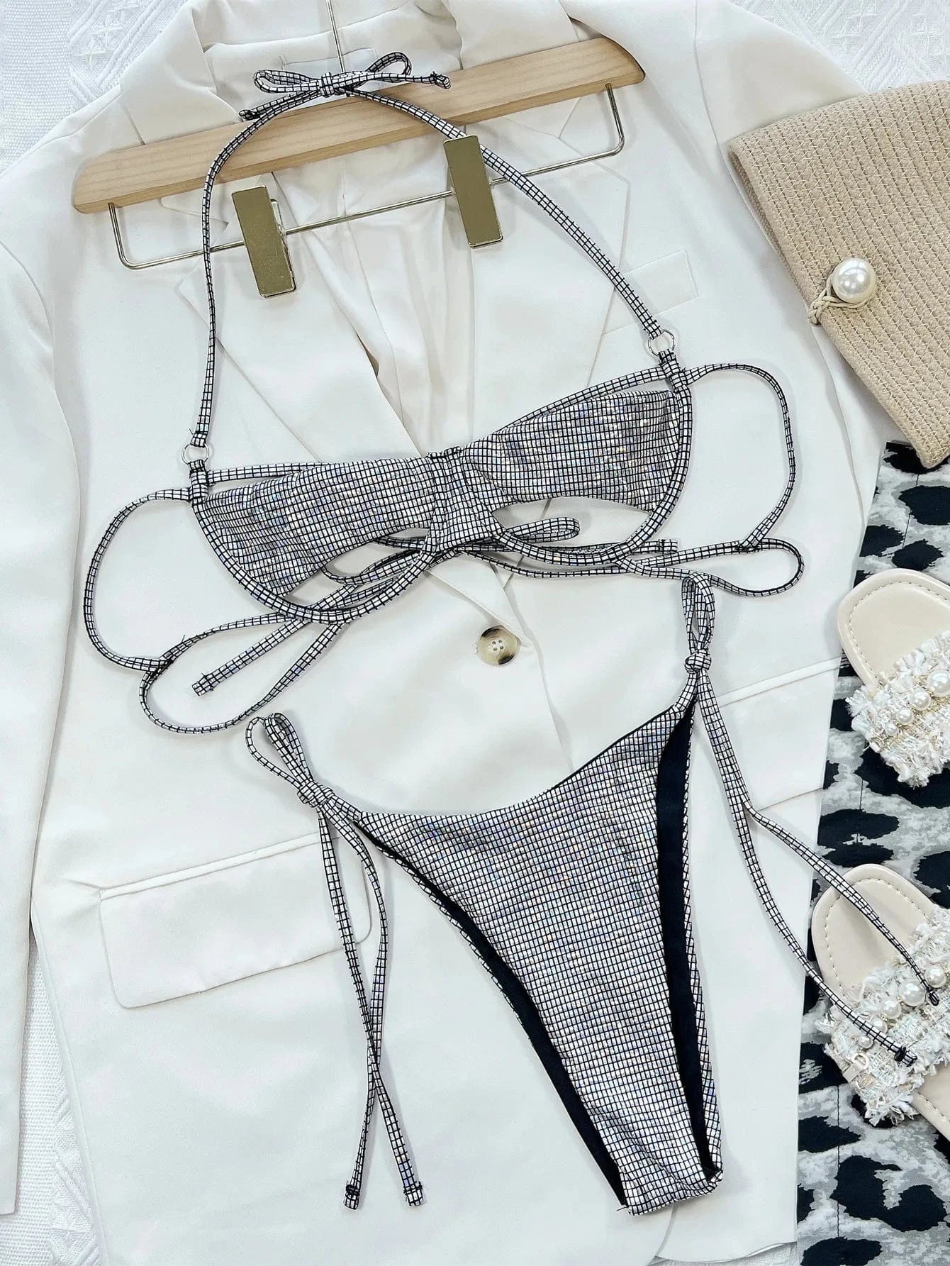 2024 Sparkle Glitter Sequins Swimwear for Women Push Up Thong Two Piece Bikini Tie Side Bandage Swimsuit Bathing Suit