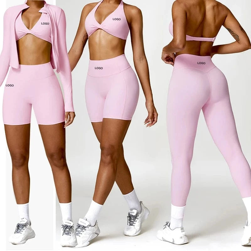 2024 Sportswear Tracksuit Yoga Slim Running Zipper Jacket Gym Scrunch Butt Shorts bra leggings 4 Piece Workout fitness Gym Sets