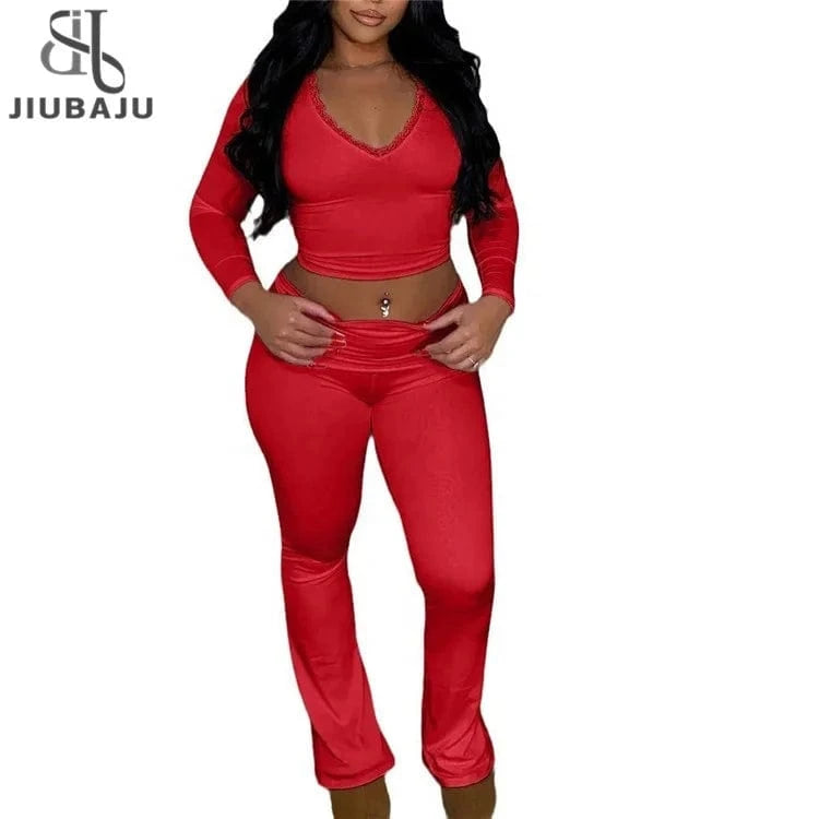 2024 Spring 2 Pcs Sets V Neck Long Sleeve Solid Patchwork Lace Sexy Crop Top Wide Leg Pants Women Sport Yoga Outfit
