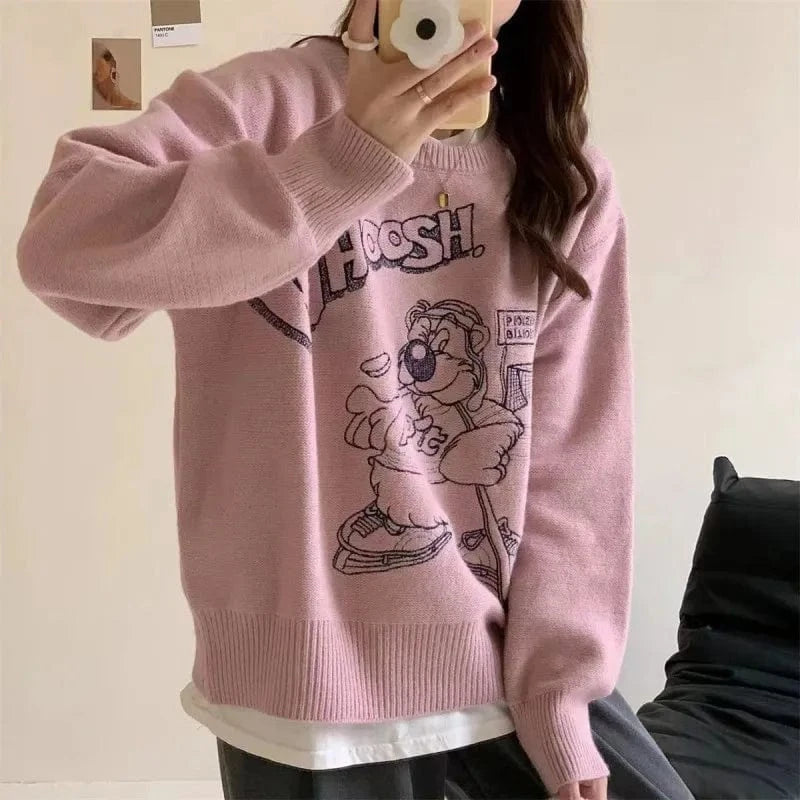 2024 spring and autumn best-selling high quality o collar long sleeve slim cartoon letter jacquard women's knitwear
