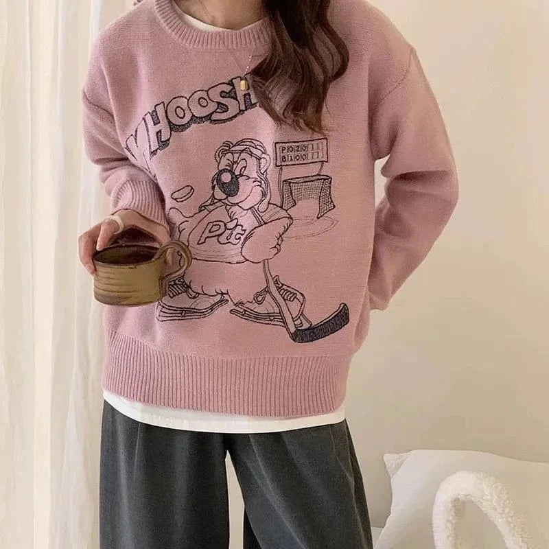 2024 spring and autumn best-selling high quality o collar long sleeve slim cartoon letter jacquard women's knitwear