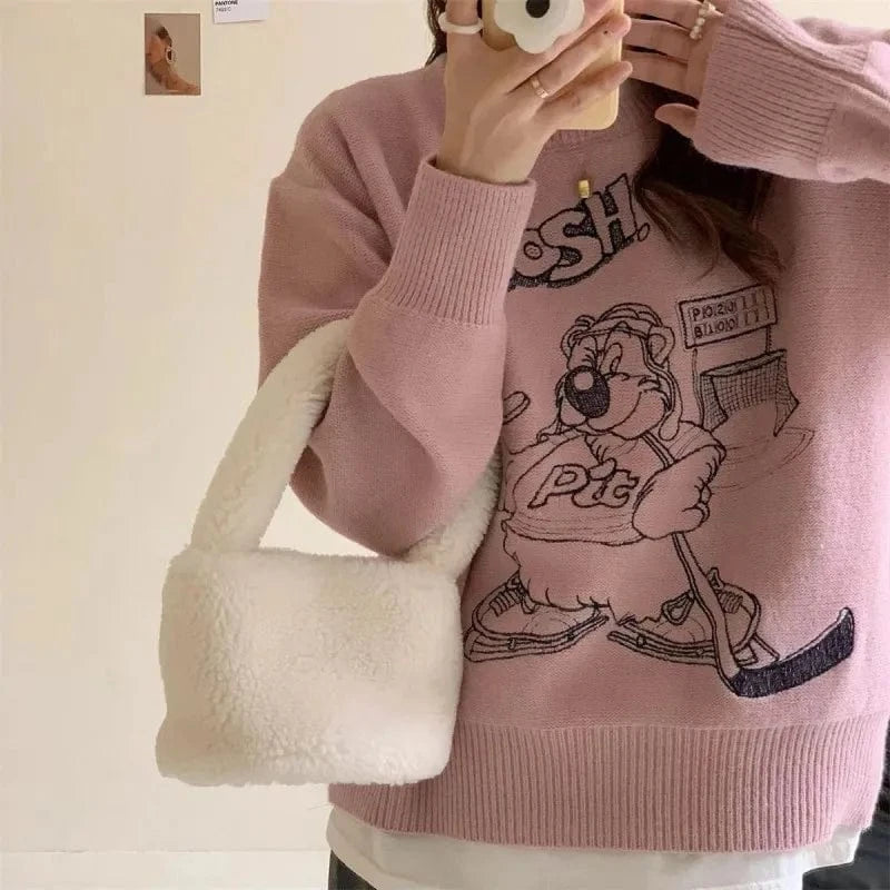2024 spring and autumn best-selling high quality o collar long sleeve slim cartoon letter jacquard women's knitwear