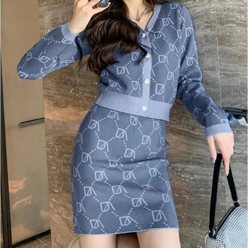 2024 Spring and Autumn fashion women's high-quality sweet V-neck button design plaid knit sweater cardigan two-piece skirt