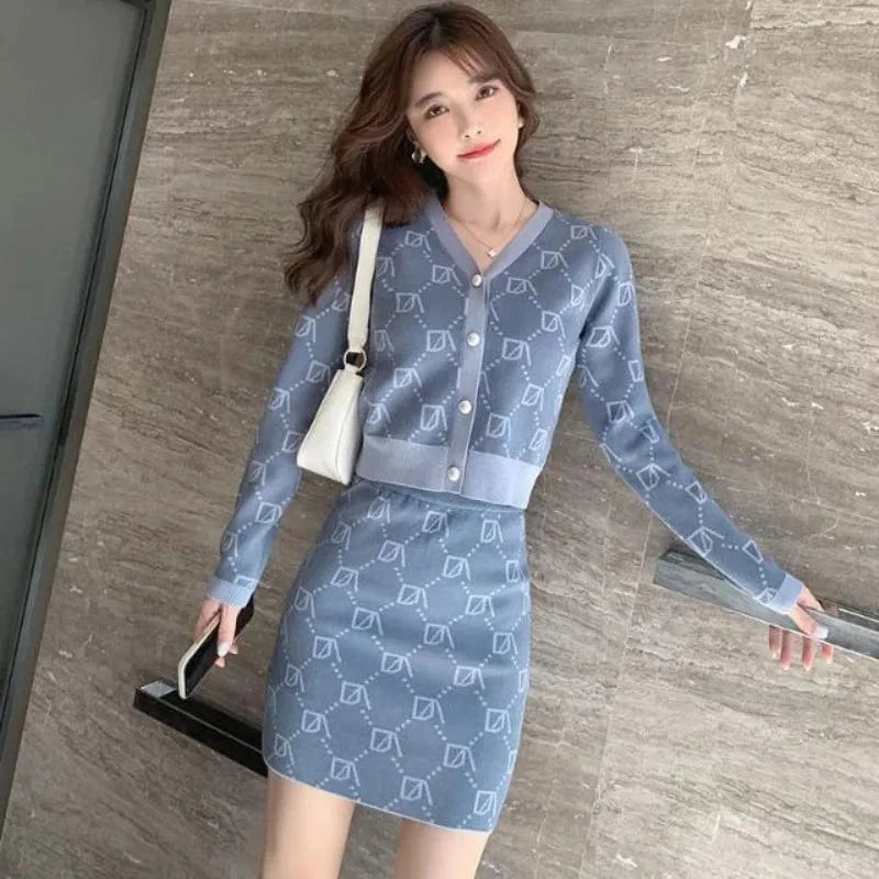 2024 Spring and Autumn fashion women's high-quality sweet V-neck button design plaid knit sweater cardigan two-piece skirt