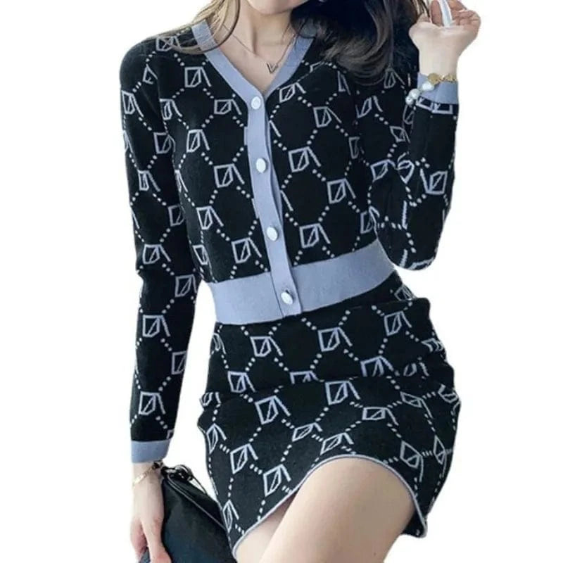 2024 Spring and Autumn fashion women's high-quality sweet V-neck button design plaid knit sweater cardigan two-piece skirt
