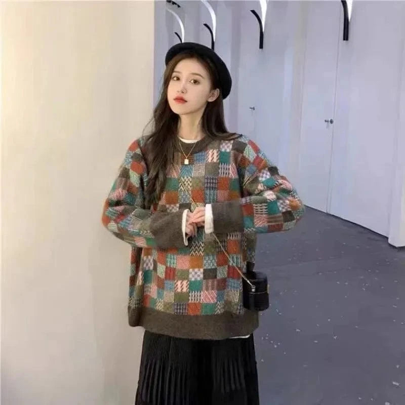 2024 Spring and autumn high-quality best-selling crew-neck long-sleeved loose plaid jacquard women's knitted sweater