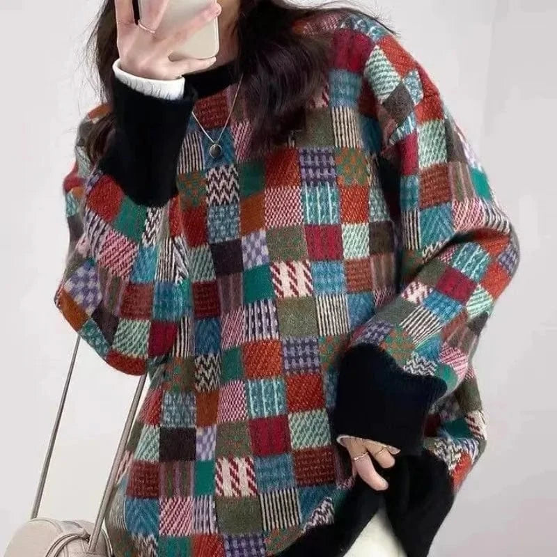 2024 Spring and autumn high-quality best-selling crew-neck long-sleeved loose plaid jacquard women's knitted sweater