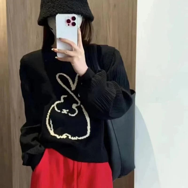 2024 Spring and autumn high-quality best-selling crewneck long sleeve loose solid color rabbit jacquard knitted pullover sweater