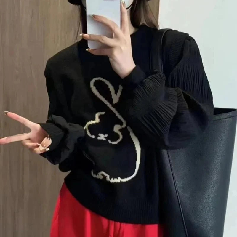 2024 Spring and autumn high-quality best-selling crewneck long sleeve loose solid color rabbit jacquard knitted pullover sweater