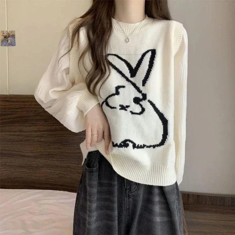 2024 Spring and autumn high-quality best-selling crewneck long sleeve loose solid color rabbit jacquard knitted pullover sweater