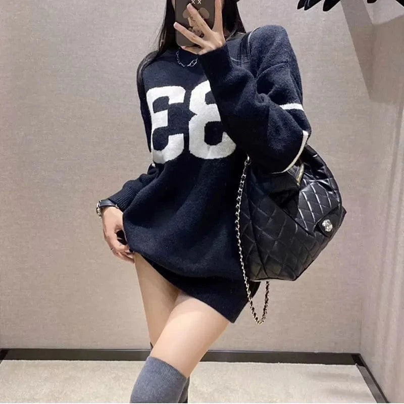 2024 Spring and autumn high-quality best-selling fashion women's crew-neck long-sleeved loose letter print knit pullover sweater