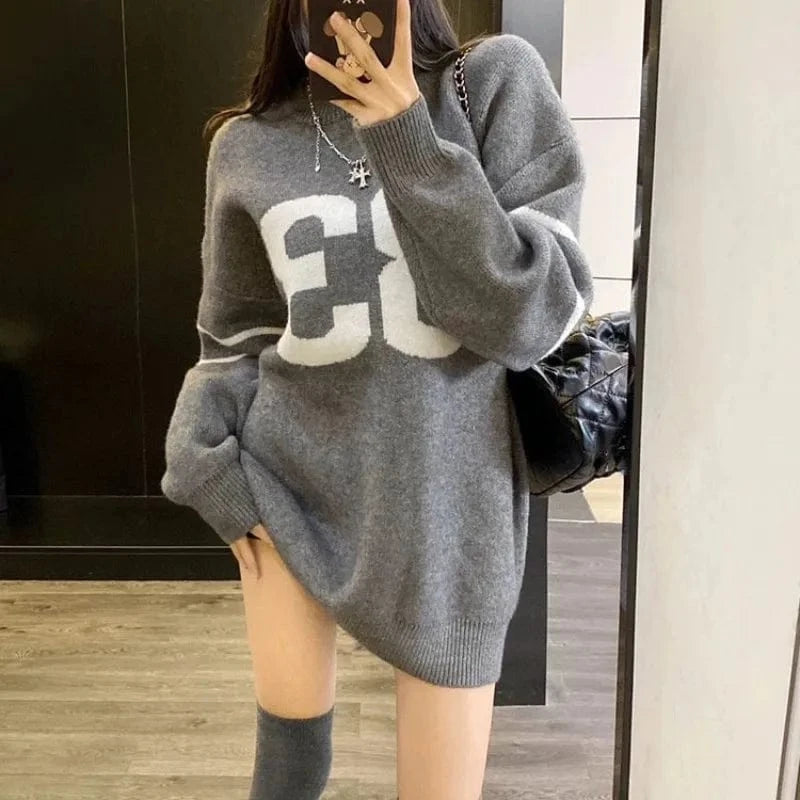 2024 Spring and autumn high-quality best-selling fashion women's crew-neck long-sleeved loose letter print knit pullover sweater